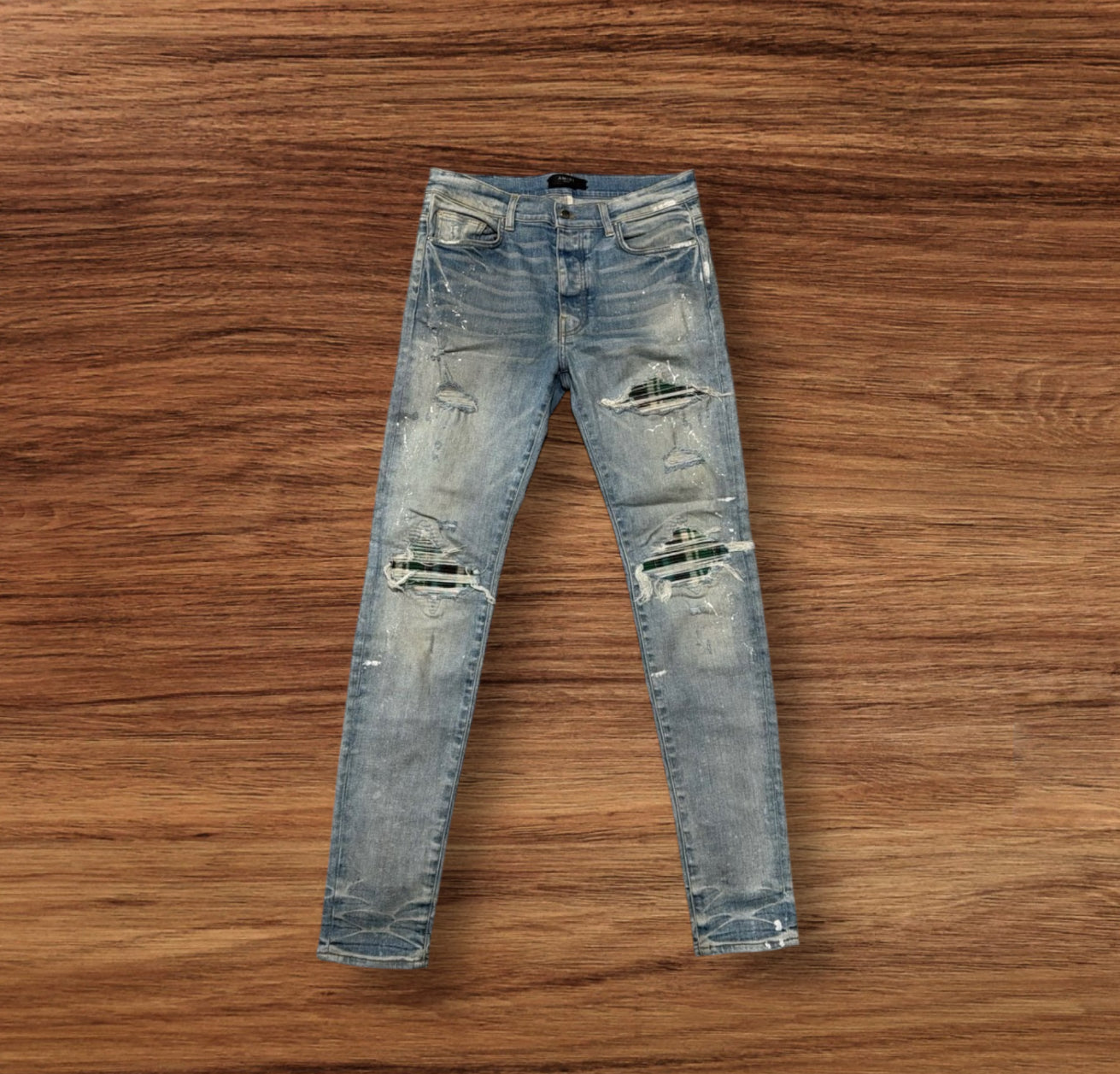 Amiri MX1 Green Plaid Patch Light Wash Jean