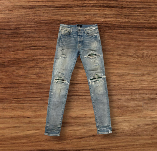 Amiri MX1 Green Plaid Patch Light Wash Jean