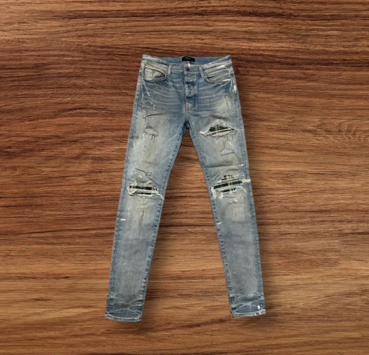 Amiri MX1 Green Plaid Patch Light Wash Jeans (Pre-Owned )