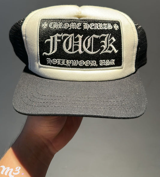 Black and White Chrome Heart Trucker Hat