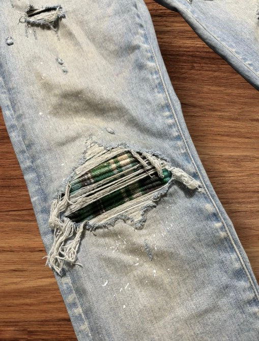 Amiri MX1 Green Plaid Patch Light Wash Jeans (Pre-Owned )