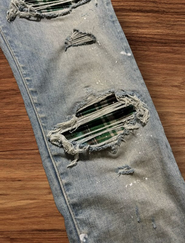 Amiri MX1 Green Plaid Patch Light Wash Jeans (Pre-Owned )